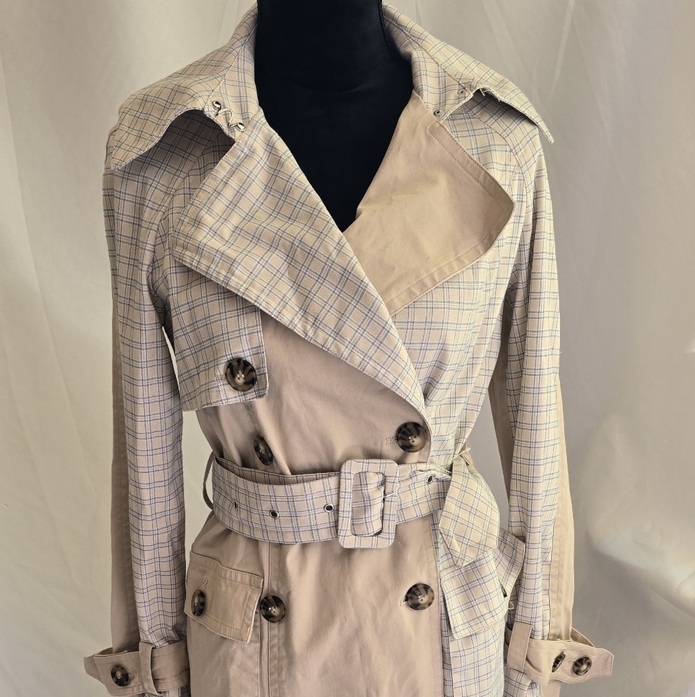 Avec Les Filles women XS color block raglan trench coat mixed media belted plaid - Picture 4 of 12